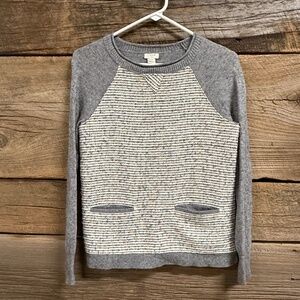 J Crew Gray crewneck sweater with tweed front panel, XXS, wool blend